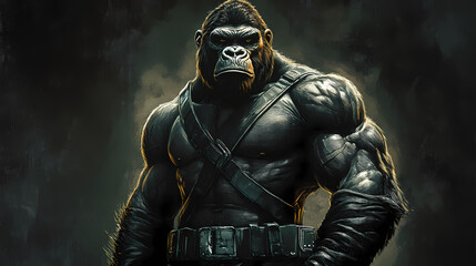 A gorilla in a black leather bodysuit, standing powerfully against a gradient that fades from deep charcoal grey to rich black. Behemoth Beast. Illustration