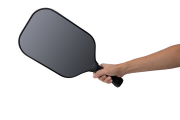 hand holding a Pickleball Paddle isolated on white background