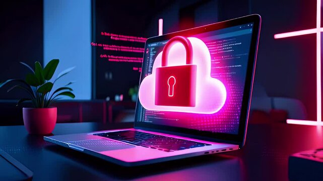 Laptop with a glowing cloud and padlock icon representing data security.