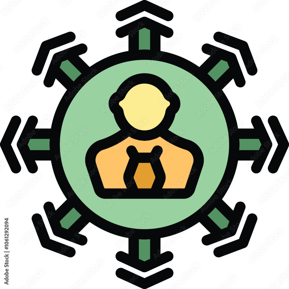 Poster colorful business icon representing a businessman surrounded by arrows pointing in different directi
