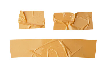 Set of different size yellow adhesive sticky tapes. Torn crumpled sellotape pieces collection...