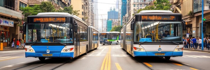 Obraz premium Buses navigating a busy urban street with pedestrians and buildings in the background.
