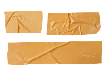 Set of different size yellow adhesive sticky tapes. Torn crumpled sellotape pieces collection isolated on white background