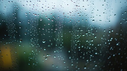 62.Full-frame shot of a rain-covered window with water droplets streaming down the glass, overcast skies visible through the blurred background.