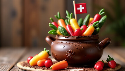 Chocolate cauldron background, a close-up of a chocolate marmite (cauldron) decorated with the Geneva flag and filled with marzipan vegetables, symbolizing the iconic Escalade tradition