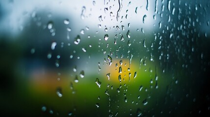 Obraz premium 65.A foggy window covered with rain streaks, the moisture forming intricate patterns as it slides down, soft focus on the distant outside scene.