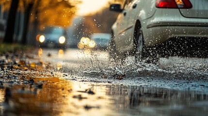 79.Car Driving Through Puddle and Splashing Water:
