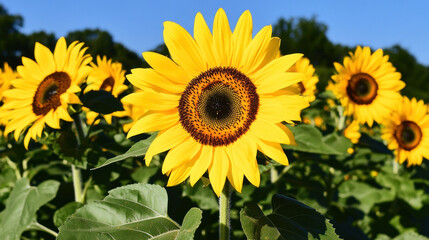 Fototapeta premium field of sunflowers facing the sun, bright yellow petals under a clear blue sky, cheerful and uplifting