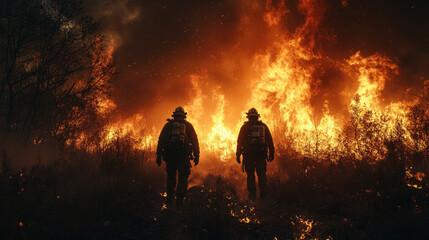 Fototapeta premium firefighters tackling a blazing wildfire in a forest, smoke and flames creating a tense, dramatic scene