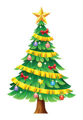 Christmas tree decorated with golden ribbons, red bows, and colorful ornaments. Vector cartoon illustration