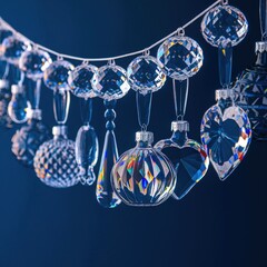 transparent Christmas ornaments hanging on a line on blue background