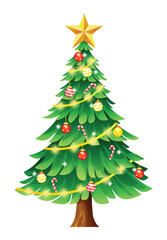Christmas tree with colorful ornaments and candy cane decorations. Vector cartoon illustration