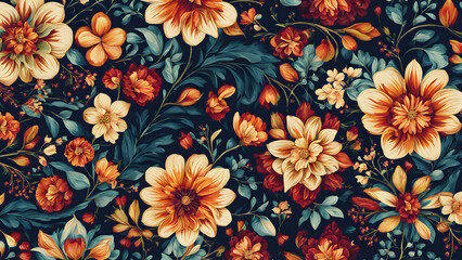A floral patterned background with a variety of flowers including daisies