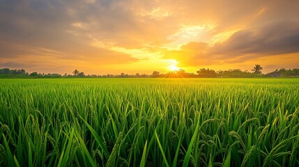 125.The green expanse of a rice field after a light rain, mist rising from the wet plants, with a dramatic golden sky in the background capturing the beauty of the rainy season.