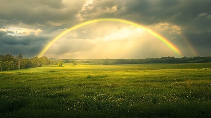 Naklejka premium 130.A peaceful landscape of rolling green meadows, framed by a soft rainbow arching across the horizon, with sunlight streaming through the clouds, creating a serene, post-rain mood.