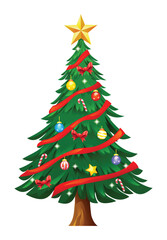 Christmas tree adorned with red ribbons, colorful ornaments, and candy canes. Vector cartoon illustration