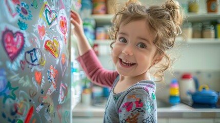 Colorful Creativity: Childs Enthusiasm Shines While Drawing Shapes on a Refrigerator Surface