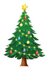 Christmas tree with glowing ornaments, featuring a gold star on top and warm lights. Vector cartoon illustration