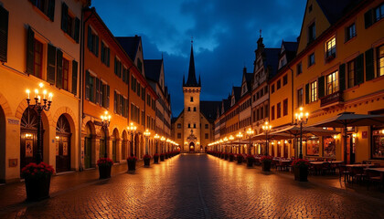Fototapeta premium Geneva Old Town at night background, illuminated medieval buildings and cobblestone streets with torches and candles, evoking the historic and festive ambiance of Escalade