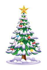 Snow covered Christmas tree decorated with colorful ornaments and red bows. Vector cartoon illustration