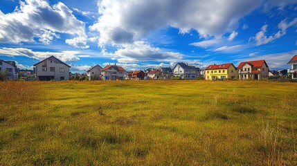 Obraz premium A serene landscape featuring houses against a vibrant sky and open grassy field.