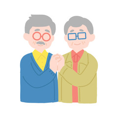 正面で指を組むシニアの仲良しペア[男性]のフラットなイラスト
