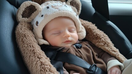 Adorable newborn baby in a cozy infant carrier on the back seat of a car, capturing a warm family moment, perfect for parenting lifestyle visuals