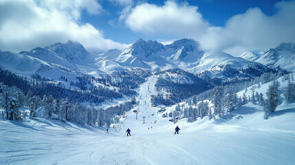 Fototapeta premium skier descending a snowy slope at high speed, mountain landscape, adrenaline and skill