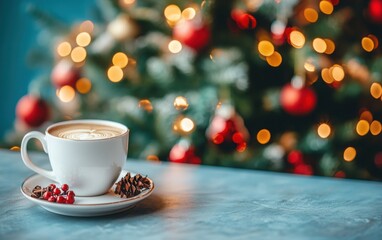 Obraz premium A close-up shot of a festive living room with a Christmas tree and a cup of coffee on the table, accented by a calming blue wall