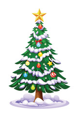 Christmas tree with snow draped branches, colorful ornaments, and a golden star. Vector cartoon illustration