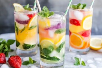 colorful fruit-infused drinks served in tall glasses, filled with ice cubes, mint leaves, and slices of lemon, lime, orange, and strawberry. The drinks are refreshing, vibrant