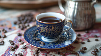 Elegant Cup of Black Coffee on a Patterned Tablecloth with Coffee Beans and Silver Kettle