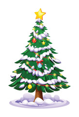 Christmas tree with layered snow, red ornaments, and yellow lights. Vector cartoon illustration