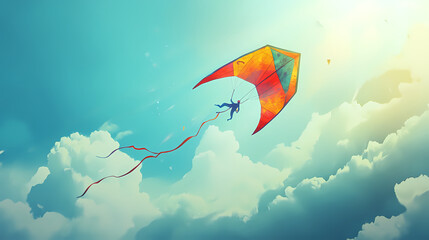 A playful photograph of a colorful kite soaring joyfully in the bright sky, capturing the dynamic and carefree spirit of the moment. Wind Spirit. Illustration