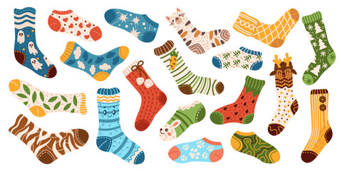 Assortment of socks with playful designs flat color vector objects set. Warm handmade knitwear for feet illustrations pack on white background