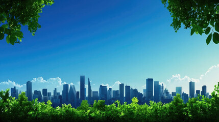 Fototapeta premium A vibrant city skyline framed by lush greenery under a clear blue sky, showcasing the harmony between nature and urban life.