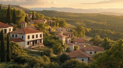 Fototapeta premium Scenic view of a hillside village with traditional architecture amidst lush greenery.