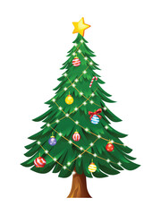 Christmas tree with ornaments, lights, and a star topper. Vector cartoon illustration