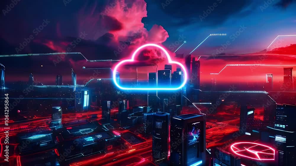 Poster futuristic cityscape with glowing cloud symbol at dusk, representing the concept of cloud computing,