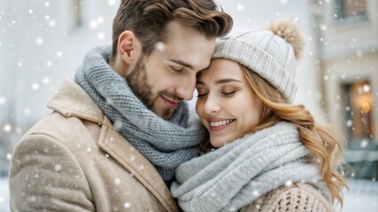 Obraz premium Smiling couple in warm clothes enjoying winter snowfall together