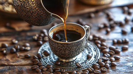 Traditional Middle Eastern Coffee Being Poured into Ornate Cup with Coffee Beans Scattered Around