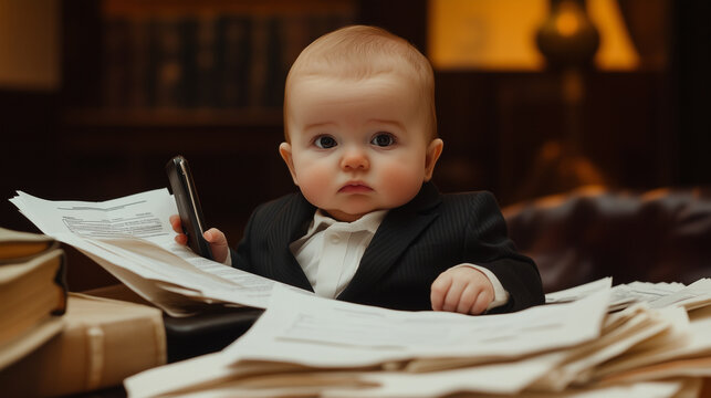 Adorable Baby Dressed as Serious Accountant or Businessman, Surrounded by Papers and Documents in Office Setting. Funny AI baby - Not a Real Baby. Image made using Generative AI. - Powered by Adobe