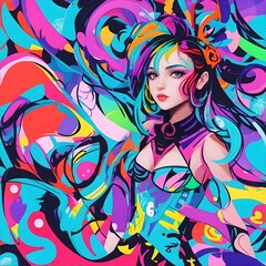 Vibrant swirls of color surround a stylized female character with multicolored hair and a striking outfit. The composition is lively and dynamic, featuring bold lines and a playful mix of hues.