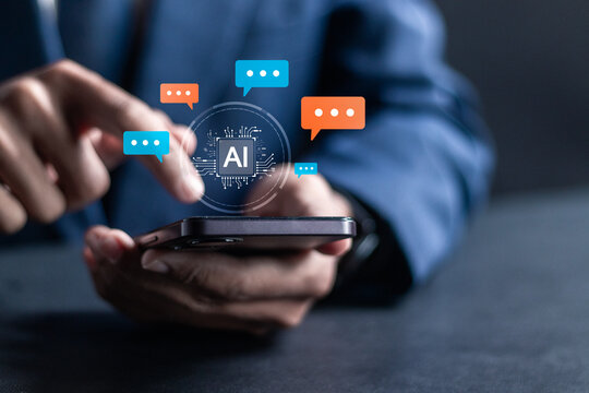 AI Artificial Intelligence chatbot concept, Digital chatbot, automated conversation assistant, robot in online system. Businessman using smartphone with technology smart AI.