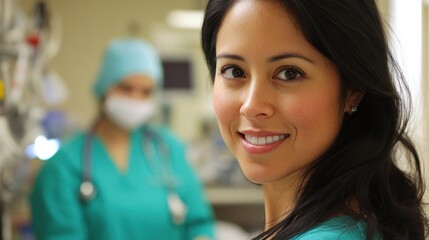 Confident female doctor, looking at the camera with a smile, with her colleague in the background in a hospital setting