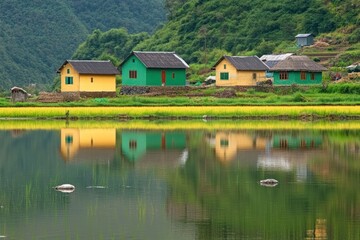 Obraz premium Tranquil lakeside village with colorful houses reflecting in the water.