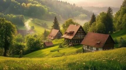Fototapeta premium Lush green landscapes and traditional timber-framed houses in Saxony, Germany, Saxony, Germany . 