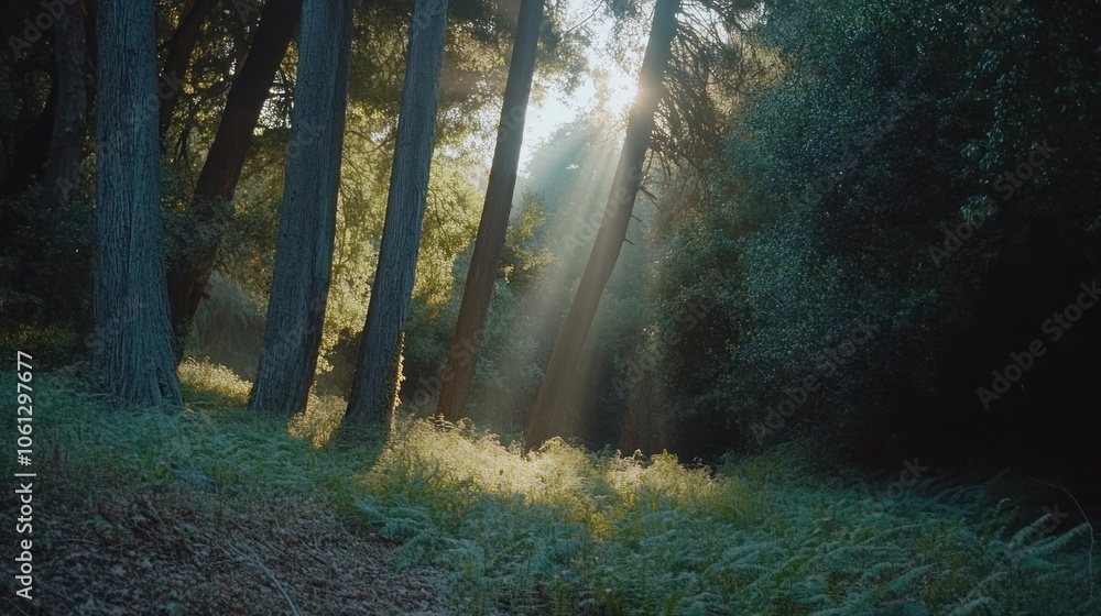 Poster sunlight streams through the trees in a lush green forest, illuminating the ferns on the forest floo