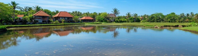 Obraz premium Tranquil landscape featuring traditional buildings by a reflective rice field under a clear sky.