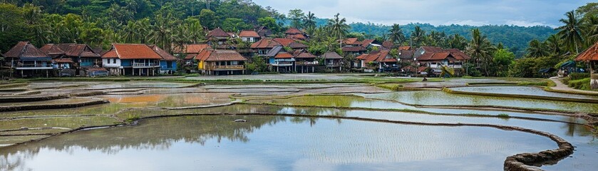 Obraz premium A serene landscape featuring terraced rice fields and traditional houses amidst lush greenery.